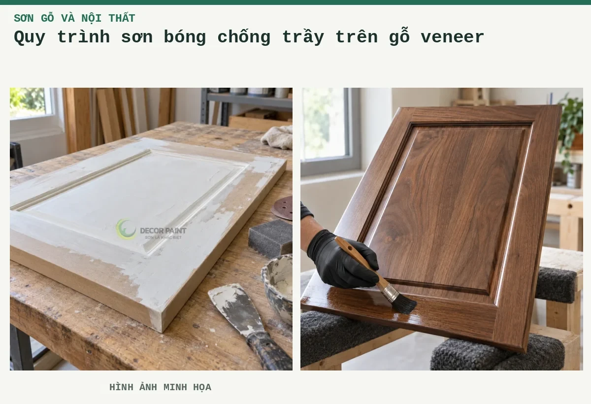 Quy trình sơn bóng chống trầy trên gỗ veneer – Hình ảnh minh họa: Chuẩn bị cánh gỗ với bột trám trắng; Cánh tủ gỗ óc chó phủ lớp sơn bóng trong, thao tác quét lớp phủ tại mép dưới trên bàn hoàn thiện.