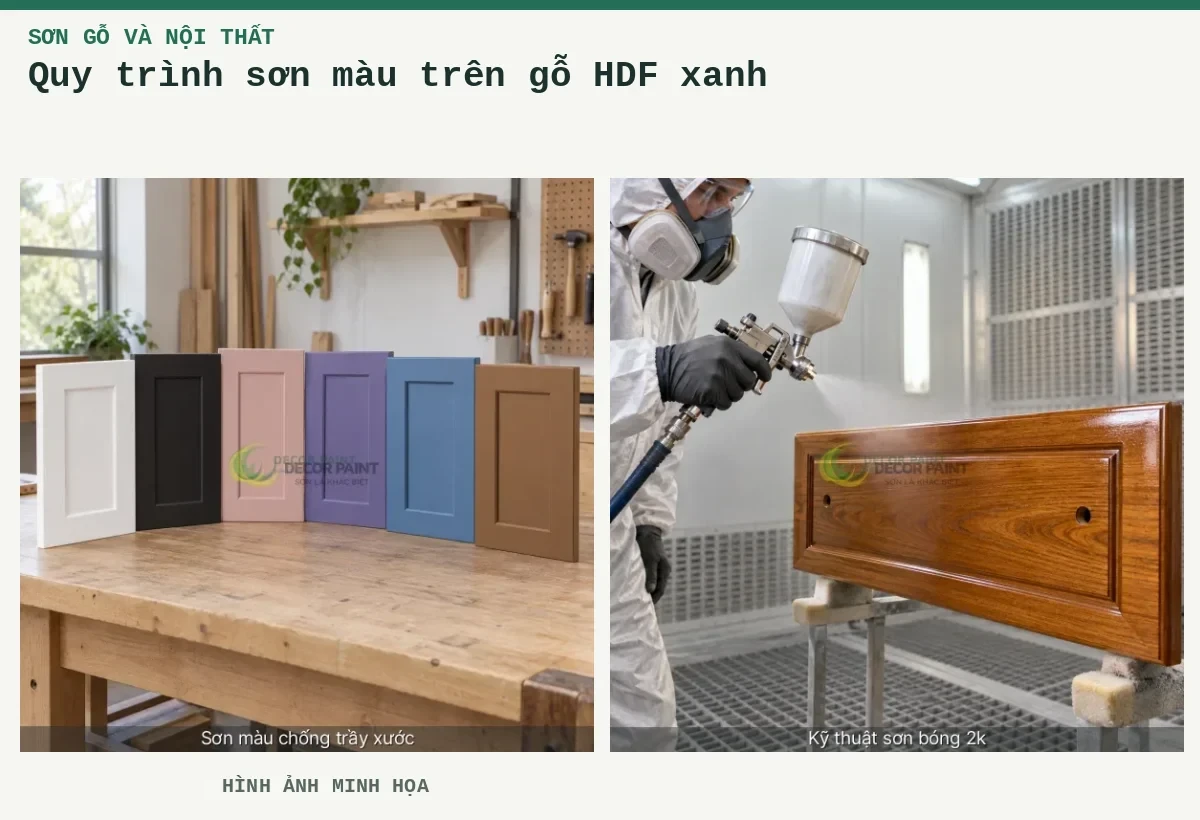 Quy trình sơn màu trên gỗ HDF xanh – Hình ảnh minh họa: Các mẫu sơn màu trên cánh tủ gỗ; Phun lớp phủ bóng trong lên mặt ngăn kéo gỗ trong buồng sơn.