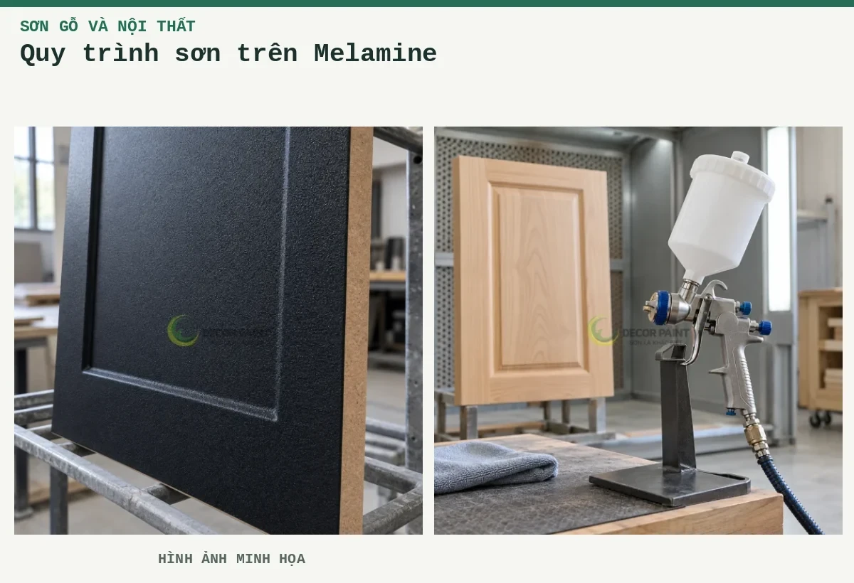 Quy trình sơn trên Melamine – Hình ảnh minh họa: Tấm HDF phủ nhám đen với cạnh cắt màu nâu thể hiện vật liệu nền; Súng phun và panel gỗ.