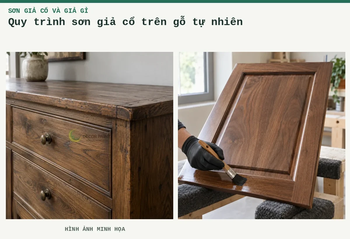 Quy trình sơn giả cổ trên gỗ tự nhiên – Hình ảnh minh họa: Bề mặt tủ gỗ tự nhiên hoàn thiện nâu giả cổ, giữ rõ vân gỗ và tạo hiệu ứng cũ tại cạnh; Cánh tủ gỗ óc chó phủ lớp sơn bóng trong, thao tác quét lớp phủ tại mép dưới trên bàn hoàn thiện.