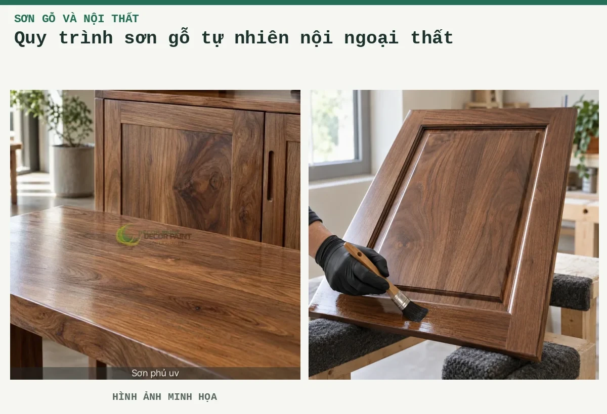 Quy trình sơn gỗ tự nhiên nội ngoại thất – Hình ảnh minh họa: Gỗ tự nhiên phủ bóng trong; Cánh tủ gỗ óc chó phủ lớp sơn bóng trong, thao tác quét lớp phủ tại mép dưới trên bàn hoàn thiện.
