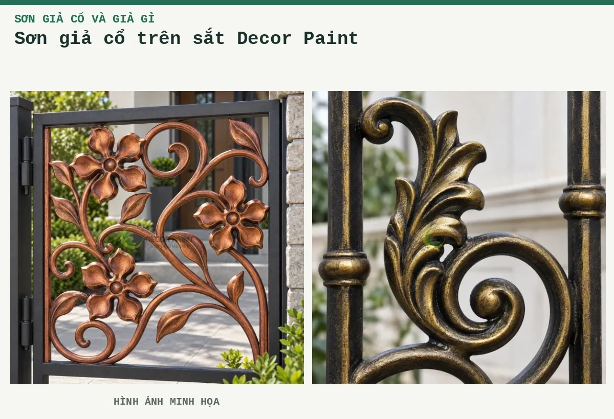 Sơn giả cổ trên sắt Decor Paint – Hình ảnh minh họa: Tấm hoa sắt đồng đỏ giả cổ; Cận lá uốn đồng cổ.