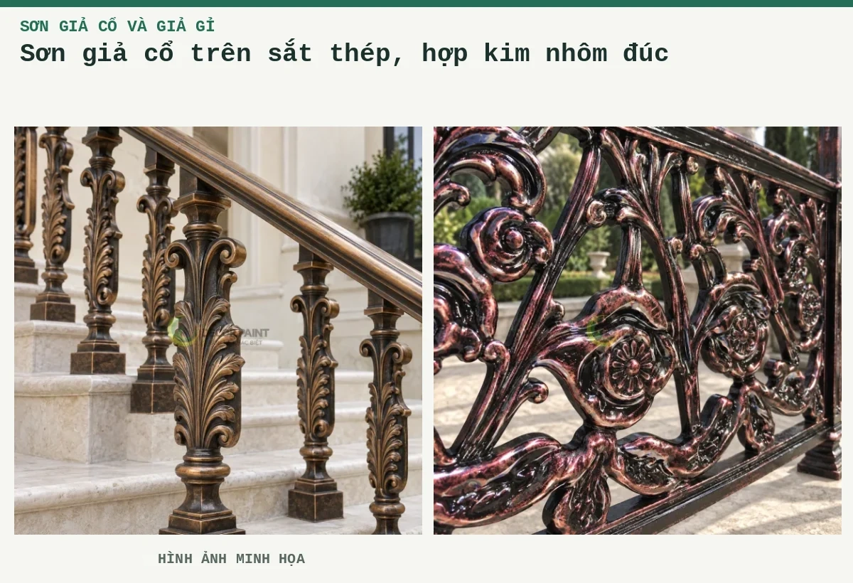 Sơn giả cổ trên sắt thép, hợp kim nhôm đúc – Hình ảnh minh họa: Lan can kim loại đúc hoàn thiện sơn giả cổ với sắc đồng ấm và họa tiết lá nổi; Khung sắt giả cổ.
