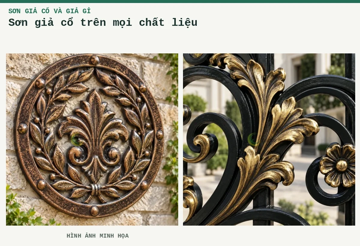 Sơn giả cổ trên mọi chất liệu – Hình ảnh minh họa: Ứng dụng giả cổ số 1; Cận lá nổi đồng giả cổ.