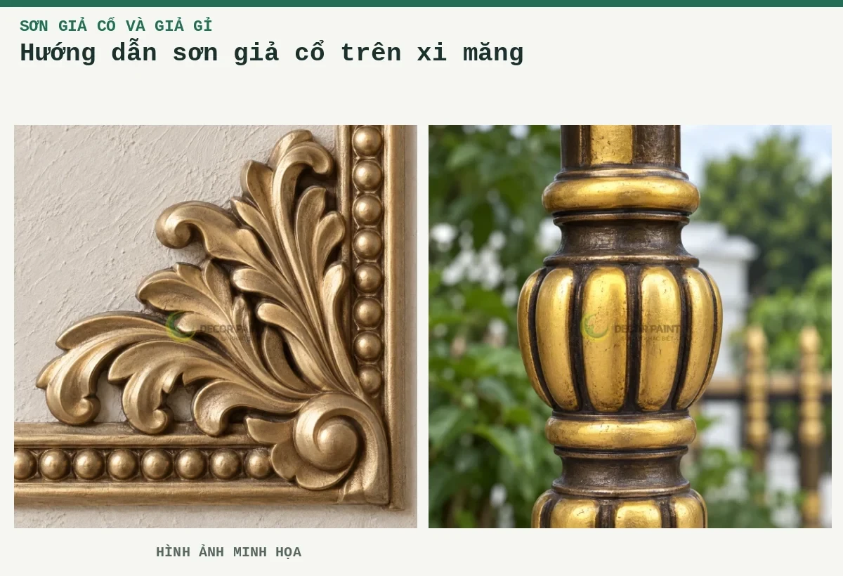 Hướng dẫn sơn giả cổ trên xi măng – Hình ảnh minh họa: Phào góc bê tông; Cận vai trụ.