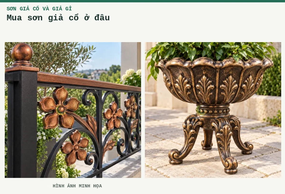 Mua sơn giả cổ ở đâu – Hình ảnh minh họa: Lan can hoa đồng đỏ giả cổ; Ứng dụng giả cổ số 5.