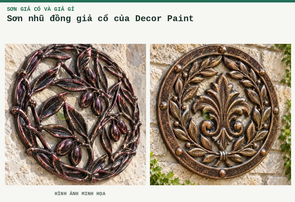 Sơn nhũ đồng giả cổ của Decor Paint – Hình ảnh minh họa: Cổng giả cổ đen ánh đồng; Ứng dụng giả cổ số 1.