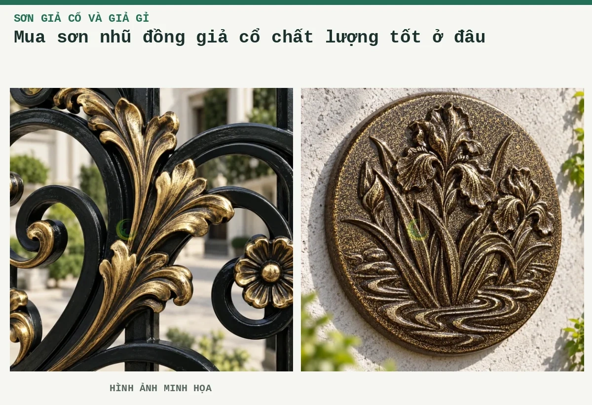 Mua sơn nhũ đồng giả cổ chất lượng tốt ở đâu – Hình ảnh minh họa: Cận lá nổi đồng giả cổ; Phù điêu giả cổ đen ánh vàng.