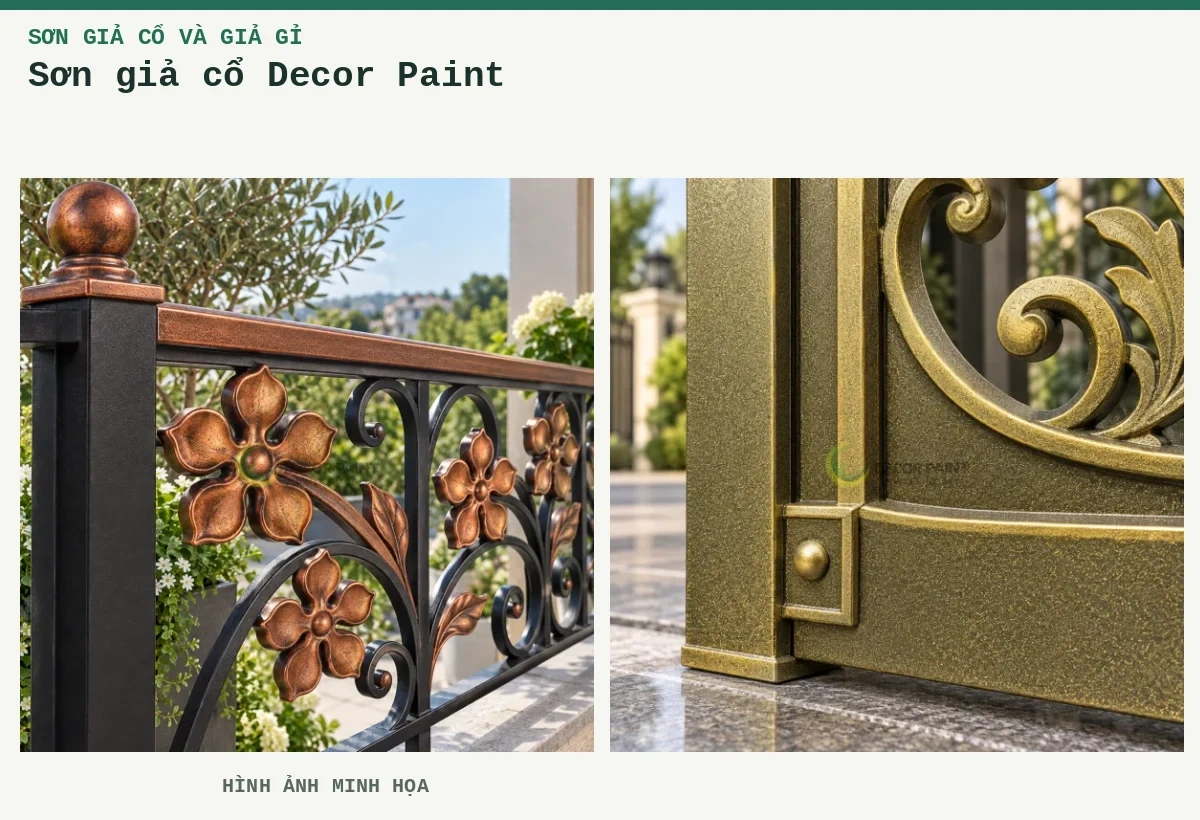 Sơn giả cổ Decor Paint – Hình ảnh minh họa: Lan can hoa đồng đỏ giả cổ; Cận khung giả cổ.