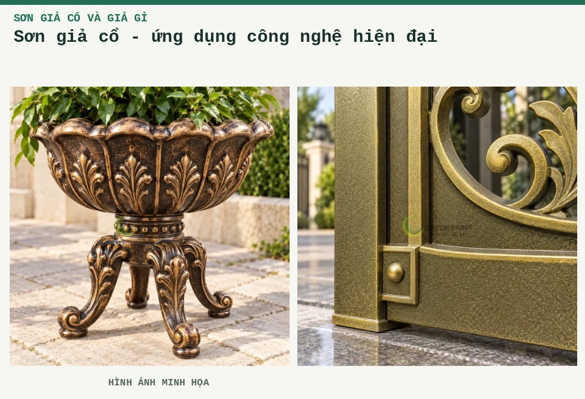 Sơn giả cổ - ứng dụng công nghệ hiện đại – Hình ảnh minh họa: Ứng dụng giả cổ số 5; Cận khung giả cổ.