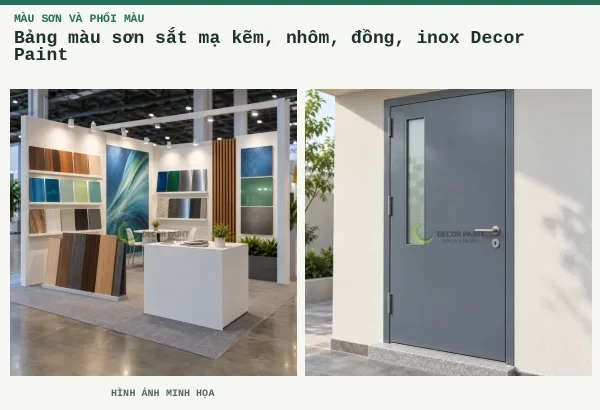 Bảng màu sơn sắt mạ kẽm, nhôm, đồng, inox Decor Paint – Hình ảnh minh họa: Gian trưng bày mẫu sơn và vật liệu; Cửa thép màu ghi một cánh, có ô kính hẹp dọc và tay nắm inox.
