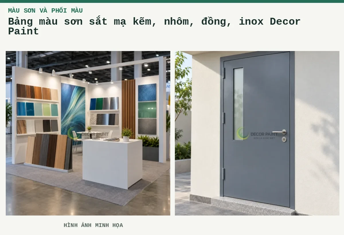 Bảng màu sơn sắt mạ kẽm, nhôm, đồng, inox Decor Paint – Hình ảnh minh họa: Gian trưng bày mẫu sơn và vật liệu; Cửa thép màu ghi một cánh, có ô kính hẹp dọc và tay nắm inox.