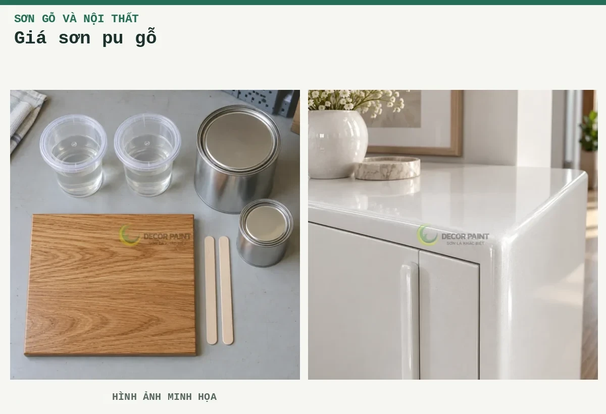 Giá sơn pu gỗ – Hình ảnh minh họa: Minh họa bố trí vật liệu pha sơn PU và mẫu gỗ phủ trong; Tủ gỗ nhũ trắng ngọc trai.