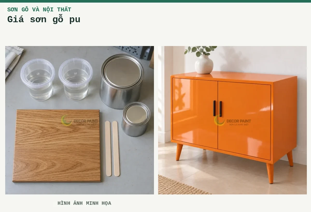 Giá sơn gỗ pu – Hình ảnh minh họa: Minh họa bố trí vật liệu pha sơn PU và mẫu gỗ phủ trong; Tủ gỗ vàng cam RS004.