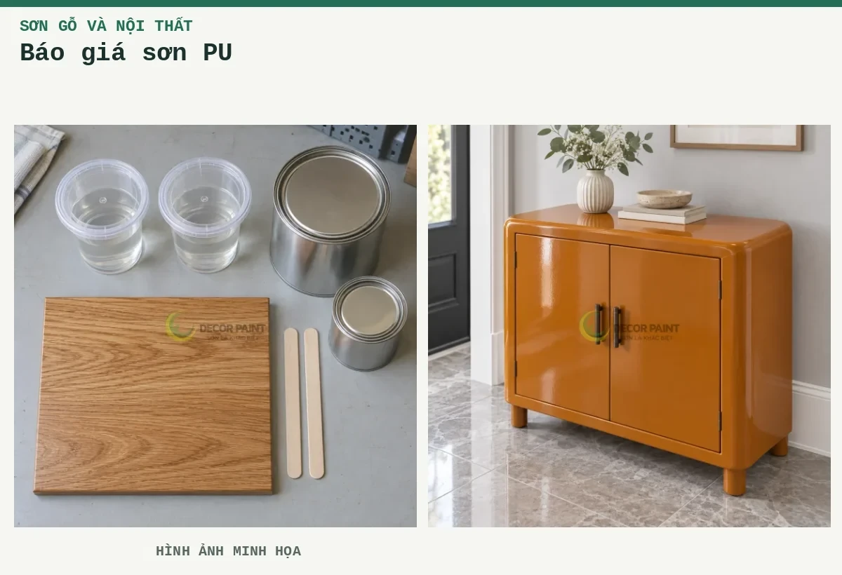 Báo giá sơn PU – Hình ảnh minh họa: Minh họa bố trí vật liệu pha sơn PU và mẫu gỗ phủ trong; Tủ gỗ nâu da bò RS002.