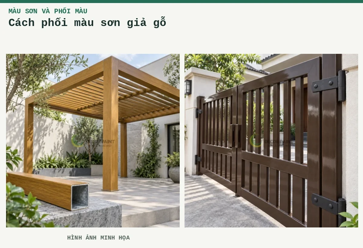 Cách phối màu sơn giả gỗ – Hình ảnh minh họa: Minh họa giàn che thép hộp sơn giả gỗ vàng sáng cùng mẫu mặt cắt mạ kẽm; Cổng sắt sơn giả gỗ màu óc chó sẫm – góc minh họa 1.