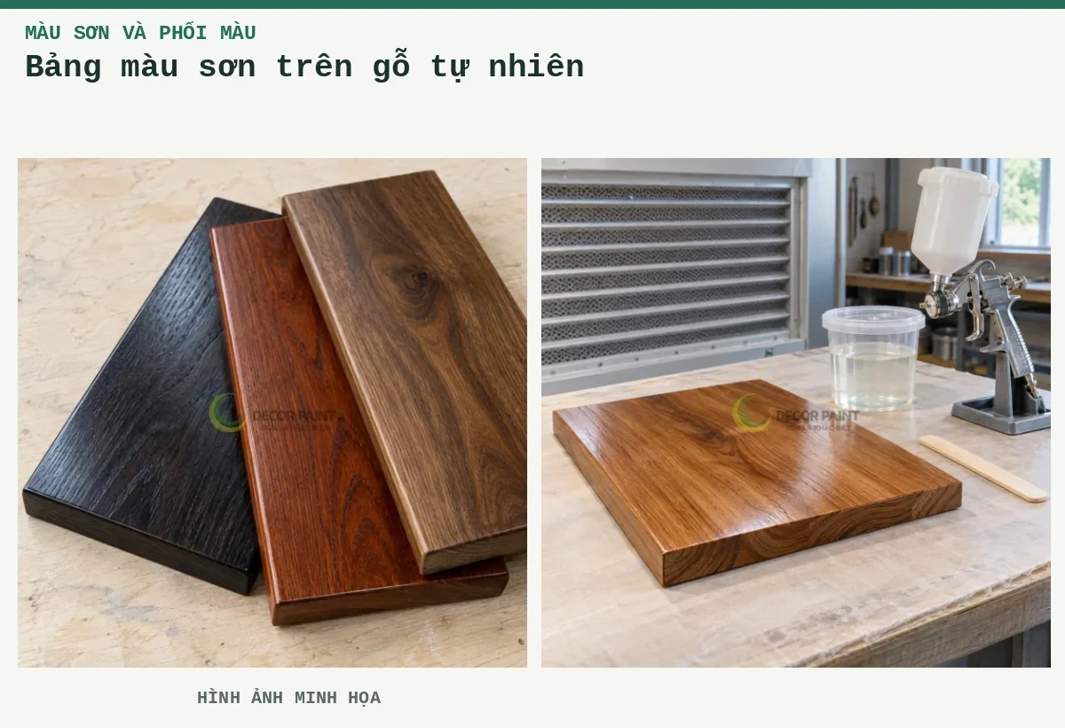 Bảng màu sơn trên gỗ tự nhiên – Hình ảnh minh họa: Mẫu nhuộm gỗ đen, nâu đỏ và nâu óc chó; Minh họa chuẩn bị sơn phủ trong cho mẫu gỗ tự nhiên.