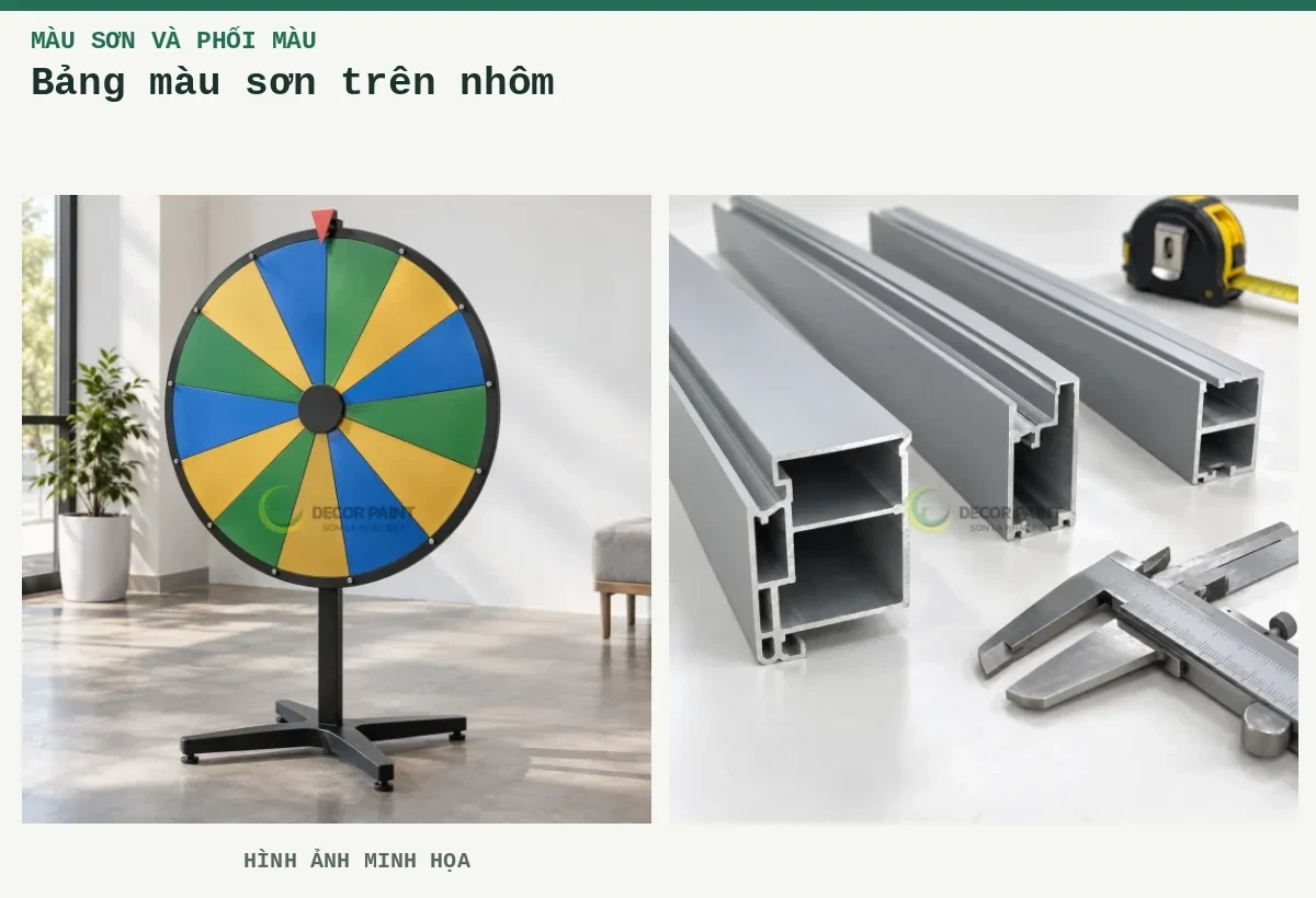 Bảng màu sơn trên nhôm – Hình ảnh minh họa: Vòng quay nhiều màu; Các thanh nhôm định hình màu xám nhạt, mặt cắt rỗng và dụng cụ đo trên bàn.