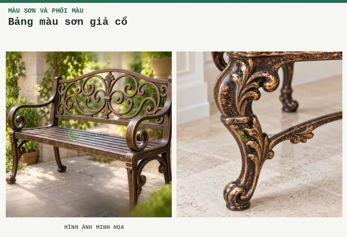 Bảng màu sơn giả cổ – Hình ảnh minh họa: Ghế sắt sân vườn phủ sơn giả cổ màu đồng, làm rõ hoa văn và đường cong của khung sắt; Chi tiết giả cổ số 4.