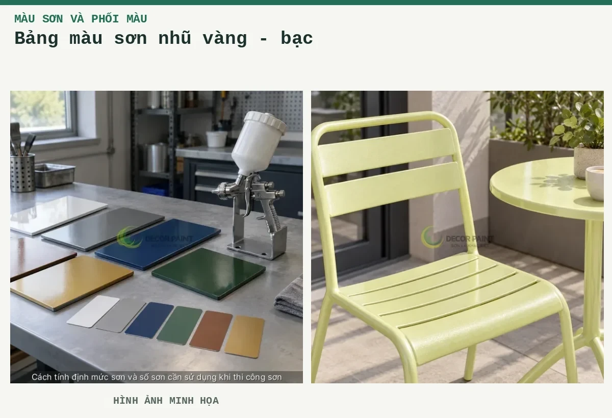 Bảng màu sơn nhũ vàng - bạc – Hình ảnh minh họa: Mẫu màu và dụng cụ phun sơn; Bàn ghế kim loại nhũ vàng nhạt.