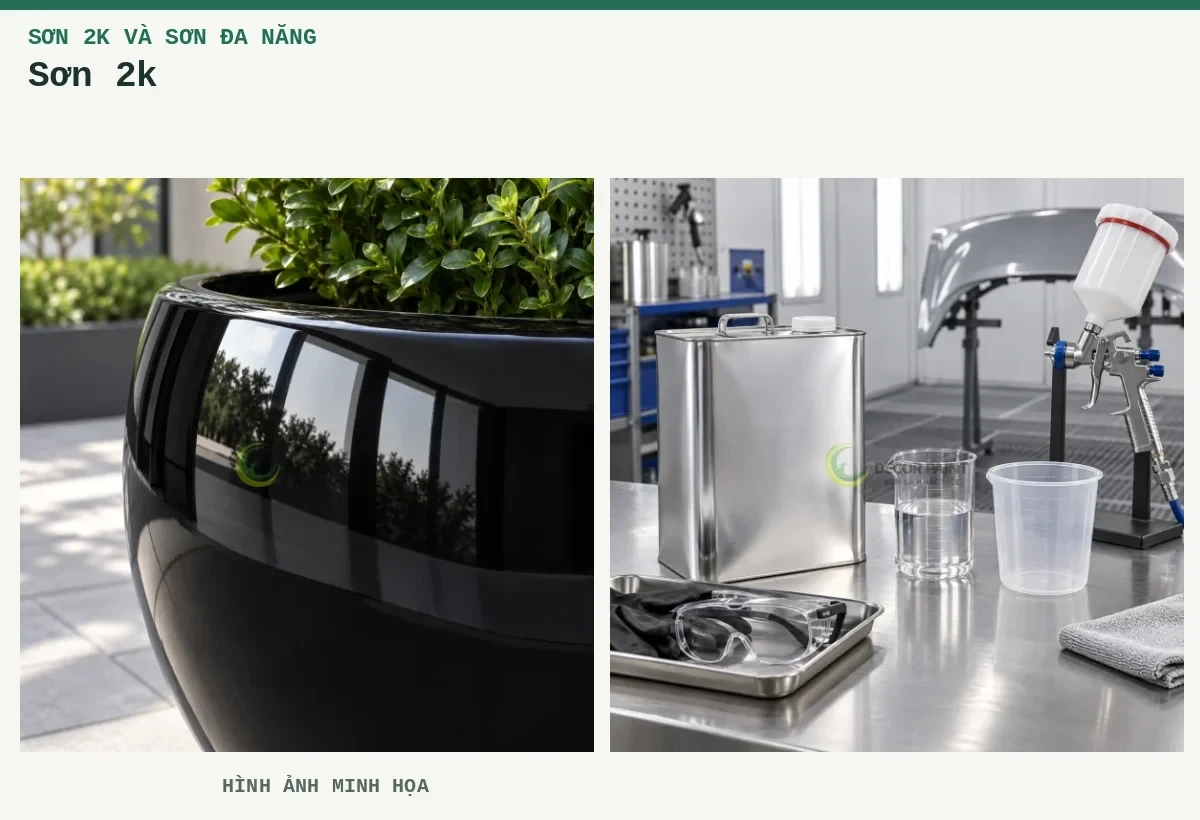 Sơn 2k – Hình ảnh minh họa: Chậu composite; Bàn chuẩn bị sơn 2K.