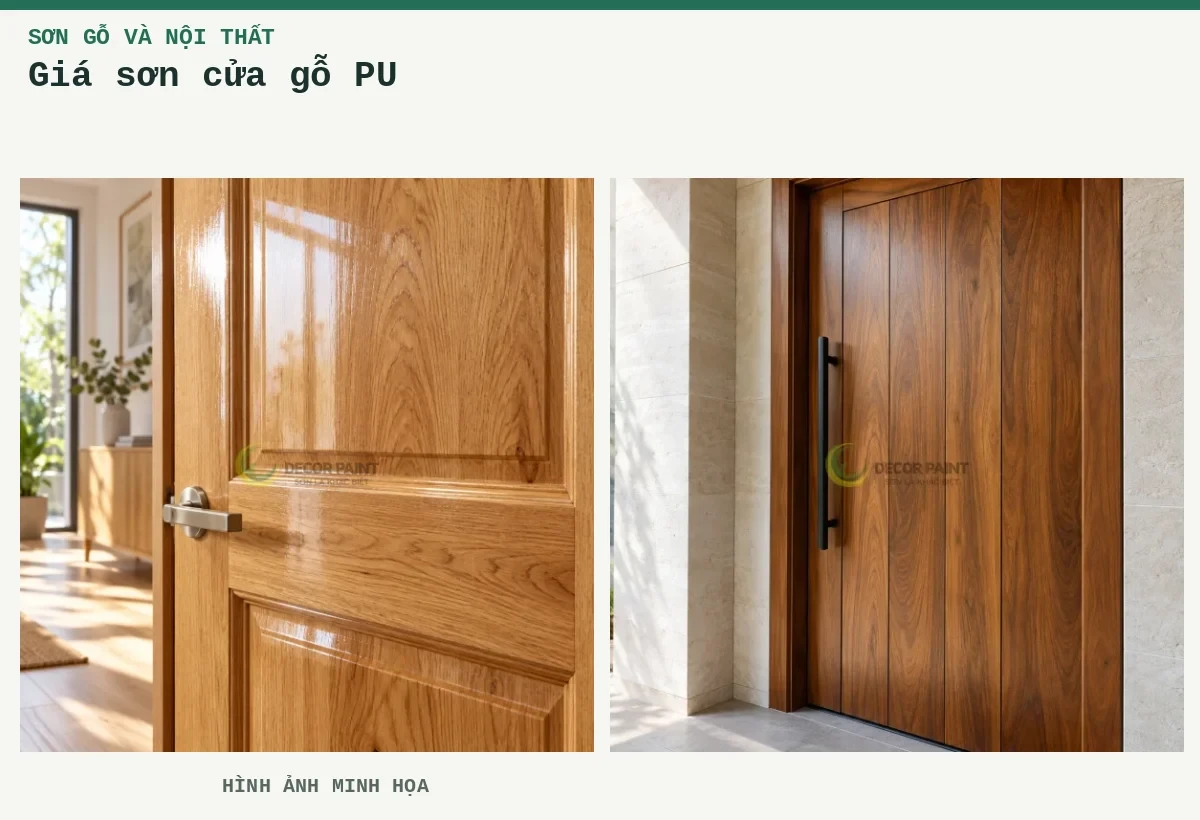 Giá sơn cửa gỗ PU – Hình ảnh minh họa: Cửa gỗ phủ bóng trong; Cửa gỗ màu nâu ấm với lớp hoàn thiện trong và tay nắm đen.