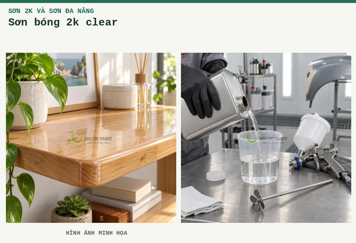 Sơn bóng 2k clear – Hình ảnh minh họa: Kệ gỗ phủ bóng trong; Chuẩn bị dung môi 2K.