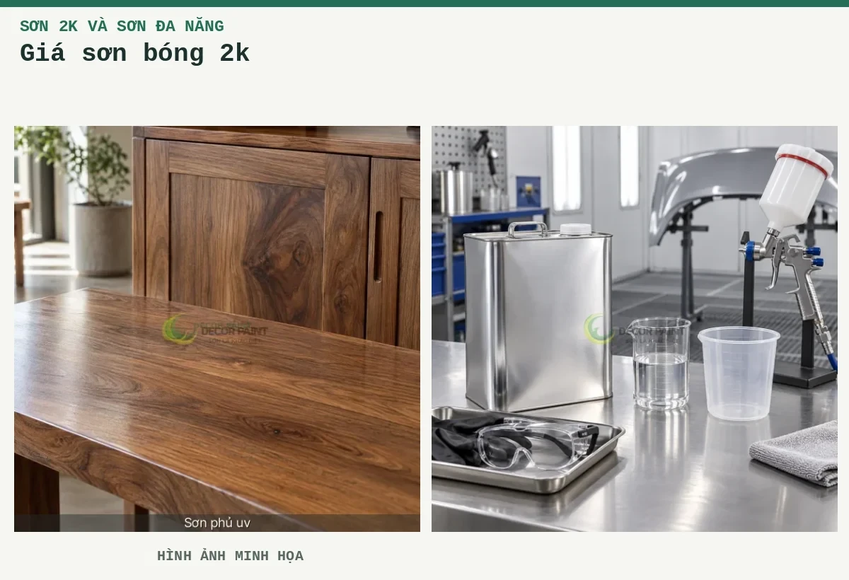 Giá sơn bóng 2k – Hình ảnh minh họa: Gỗ tự nhiên phủ bóng trong; Bàn chuẩn bị sơn 2K.