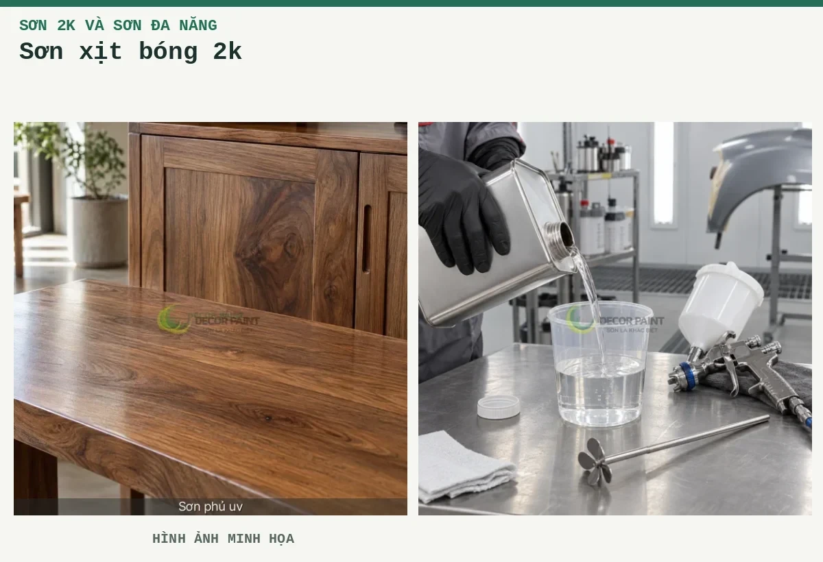 Sơn xịt bóng 2k – Hình ảnh minh họa: Gỗ tự nhiên phủ bóng trong; Chuẩn bị dung môi 2K.