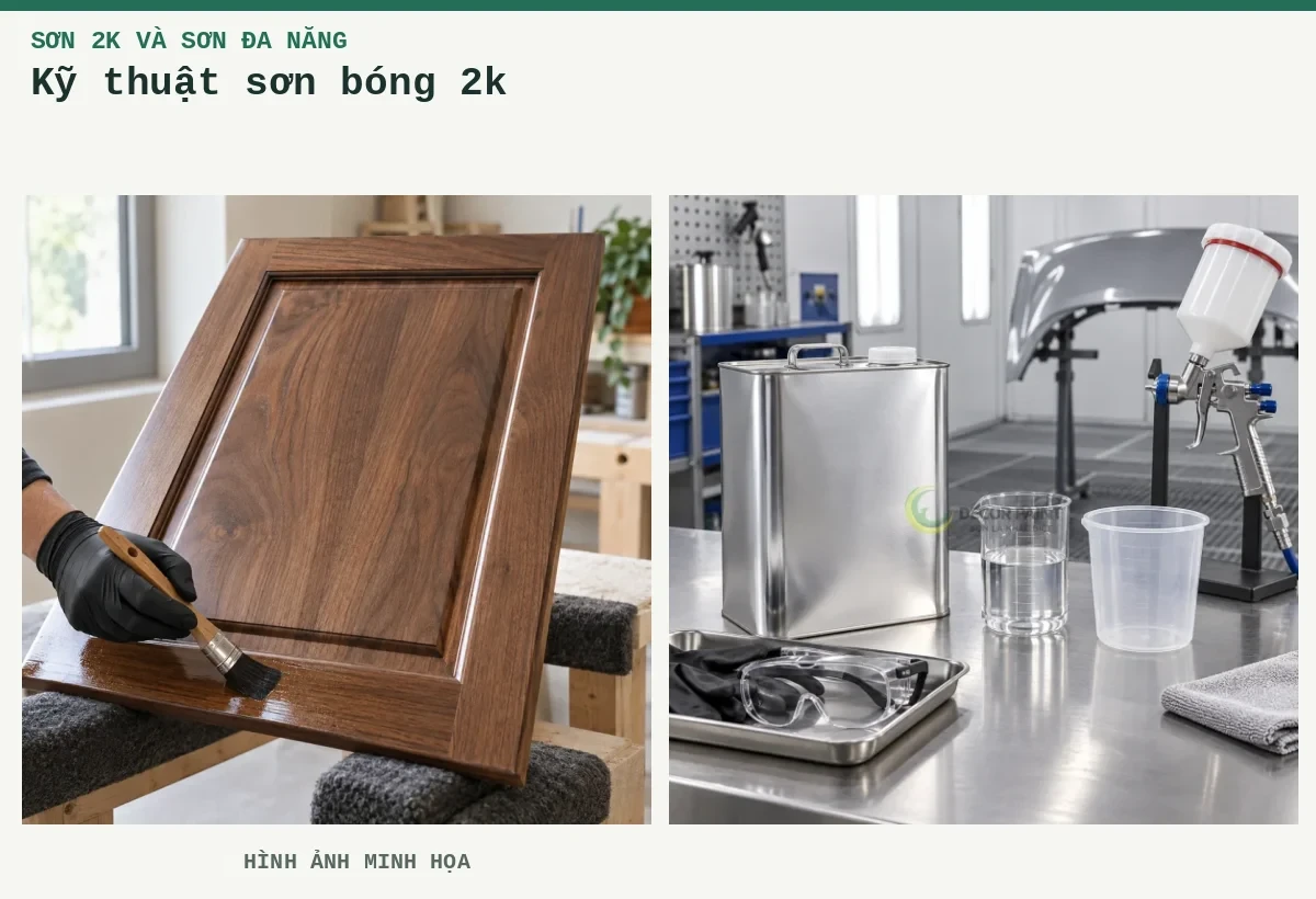 Kỹ thuật sơn bóng 2k – Hình ảnh minh họa: Cánh tủ gỗ óc chó phủ lớp sơn bóng trong, thao tác quét lớp phủ tại mép dưới trên bàn hoàn thiện; Bàn chuẩn bị sơn 2K.