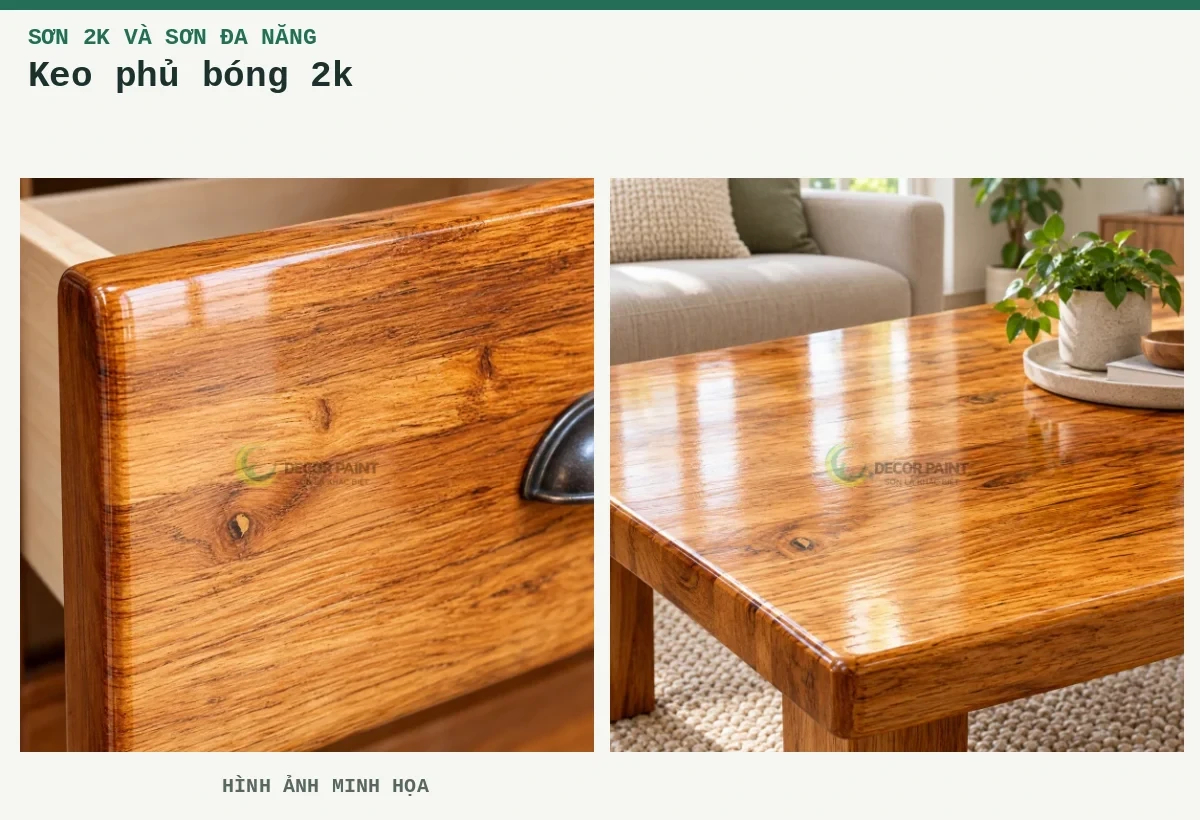 Keo phủ bóng 2k – Hình ảnh minh họa: Ngăn kéo gỗ phủ bóng trong; Bàn gỗ phủ bóng trong.