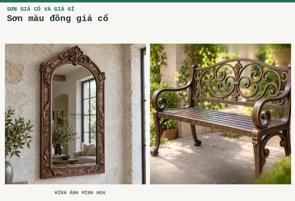 Sơn màu đồng giả cổ – Hình ảnh minh họa: Khung gương kim loại sơn giả cổ màu đồng, làm rõ họa tiết lá và đường viền nổi; Ghế sắt sân vườn phủ sơn giả cổ màu đồng, làm rõ hoa văn và đường cong của khung sắt.