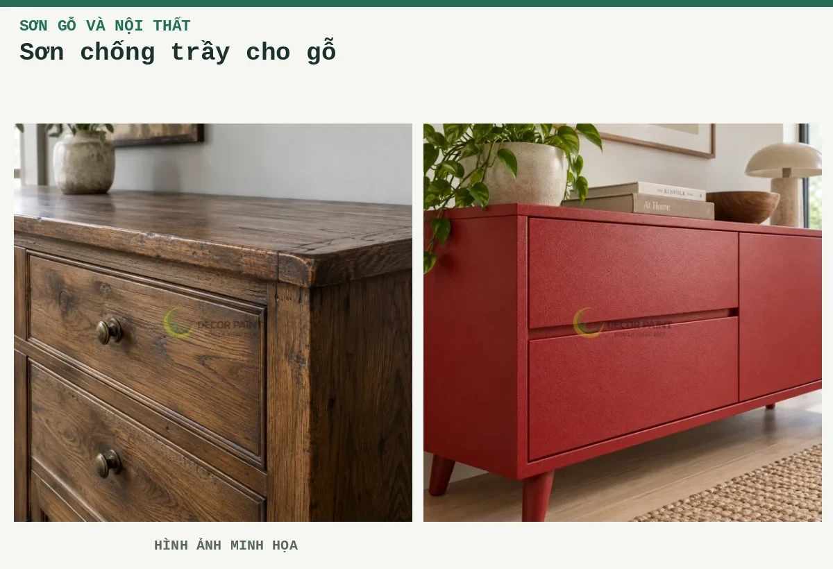 Sơn chống trầy cho gỗ – Hình ảnh minh họa: Bề mặt tủ gỗ tự nhiên hoàn thiện nâu giả cổ, giữ rõ vân gỗ và tạo hiệu ứng cũ tại cạnh; Tủ gỗ hoàn thiện đỏ nhám sần.