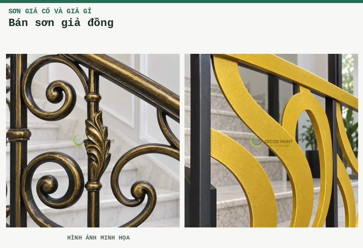 Bán sơn giả đồng – Hình ảnh minh họa: Lan can cầu thang giả đồng cổ; Lan can cầu thang nhũ vàng nghệ - 5.0 Kg - Sơn nhũ đồng ca may vàng nghệ 1 thành phần.