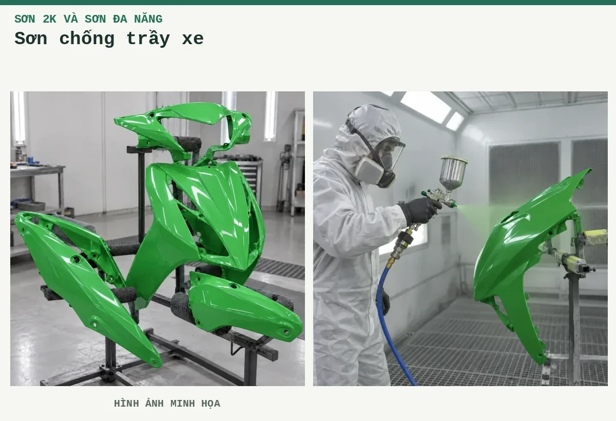 Sơn chống trầy xe – Hình ảnh minh họa: bộ ốp nhựa xe máy được phủ sơn; thi công phun sơn tấm nhựa trong buồng phun.