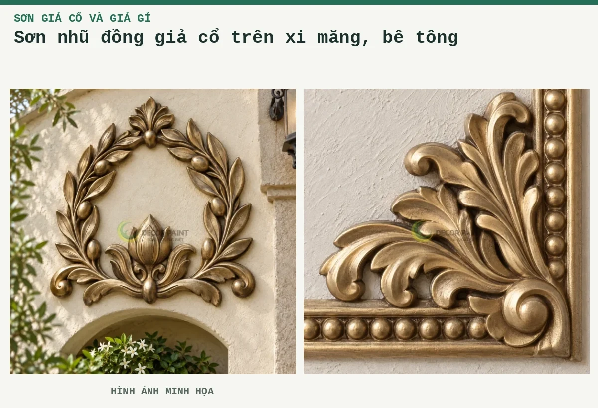 Sơn nhũ đồng giả cổ trên xi măng, bê tông – Hình ảnh minh họa: Vòng ô liu bê tông; Phào góc bê tông.