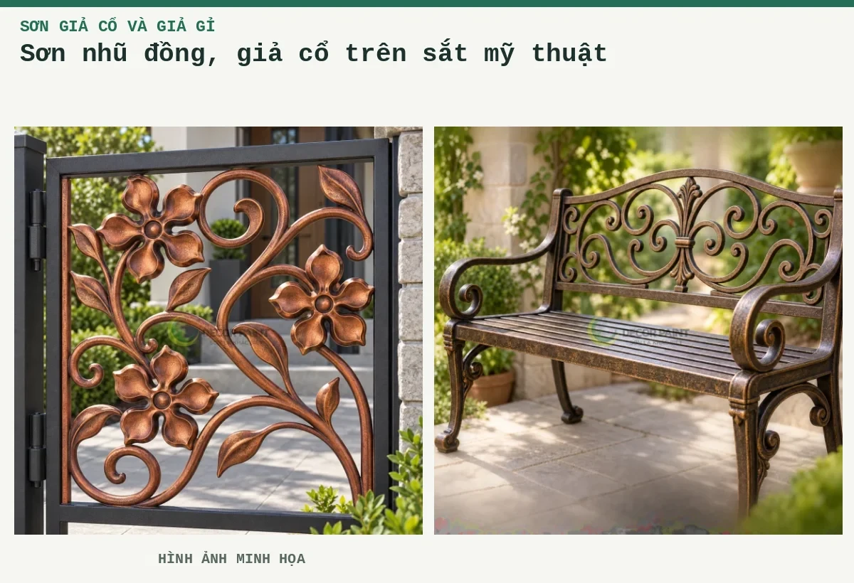 Sơn nhũ đồng, giả cổ trên sắt mỹ thuật – Hình ảnh minh họa: Tấm hoa sắt đồng đỏ giả cổ; Ghế sắt sân vườn phủ sơn giả cổ màu đồng, làm rõ hoa văn và đường cong của khung sắt.