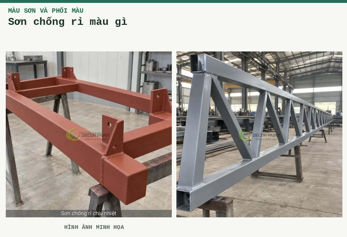 Sơn chống rỉ màu gì – Hình ảnh minh họa: Khung thép phủ lót chống rỉ đỏ nâu; Giàn thép phủ sơn chống rỉ màu xám trong xưởng gia công có mái che.