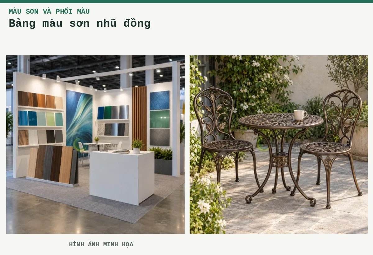 Bảng màu sơn nhũ đồng – Hình ảnh minh họa: Gian trưng bày mẫu sơn và vật liệu; Bộ bàn ghế sắt mỹ nghệ hoàn thiện màu đồng trầm trong sân vườn.