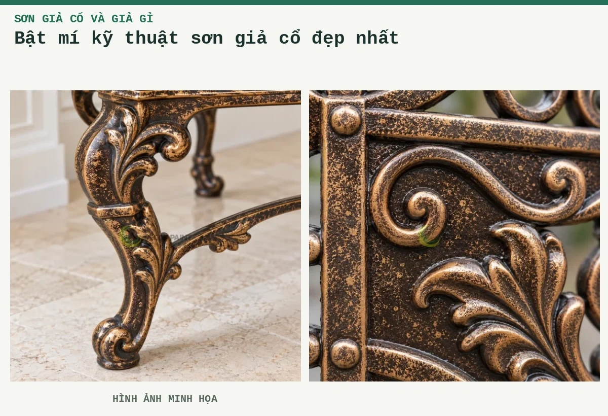 Bật mí kỹ thuật sơn giả cổ đẹp nhất – Hình ảnh minh họa: Chi tiết giả cổ số 4; Chi tiết giả cổ số 2.