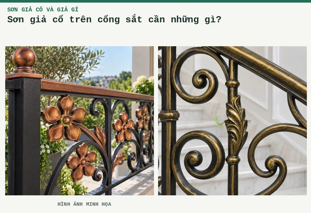 Sơn giả cổ trên cổng sắt cần những gì? – Hình ảnh minh họa: Lan can hoa đồng đỏ giả cổ; Lan can cầu thang giả đồng cổ.