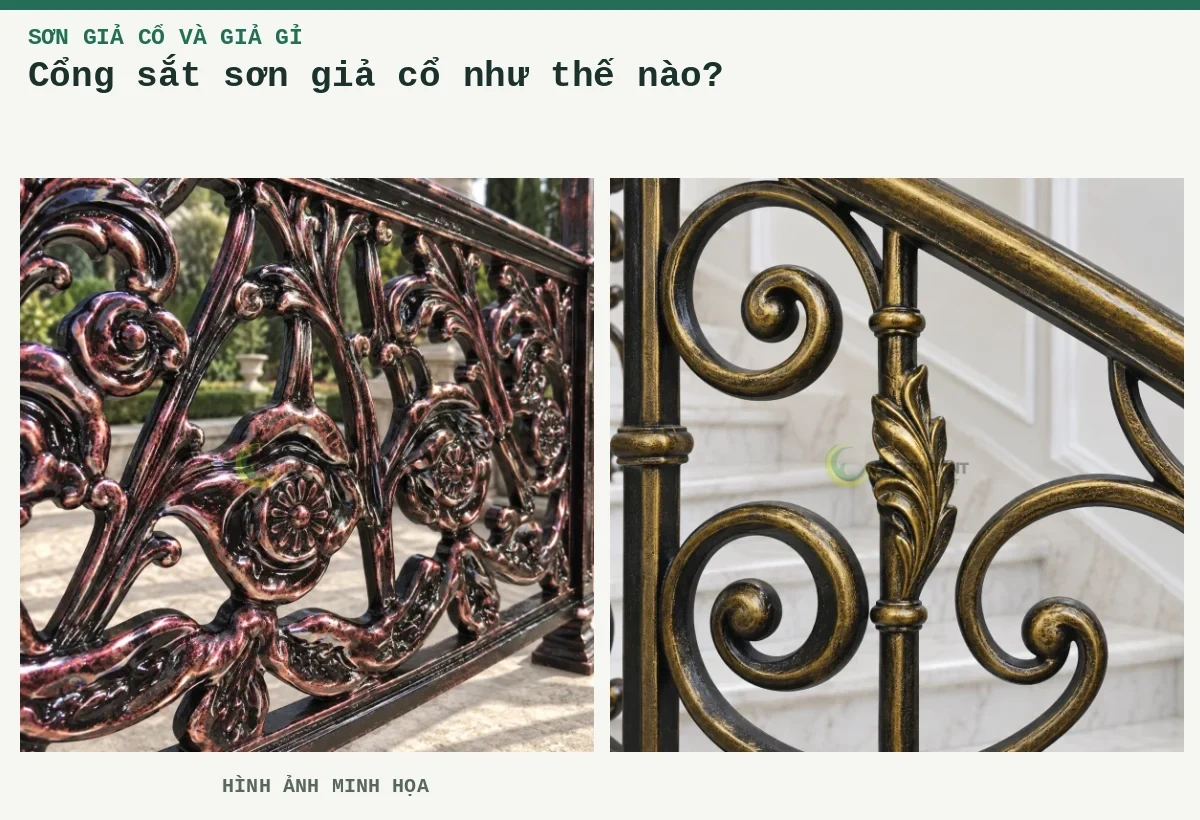 Cổng sắt sơn giả cổ như thế nào? – Hình ảnh minh họa: Khung sắt giả cổ; Lan can cầu thang giả đồng cổ.