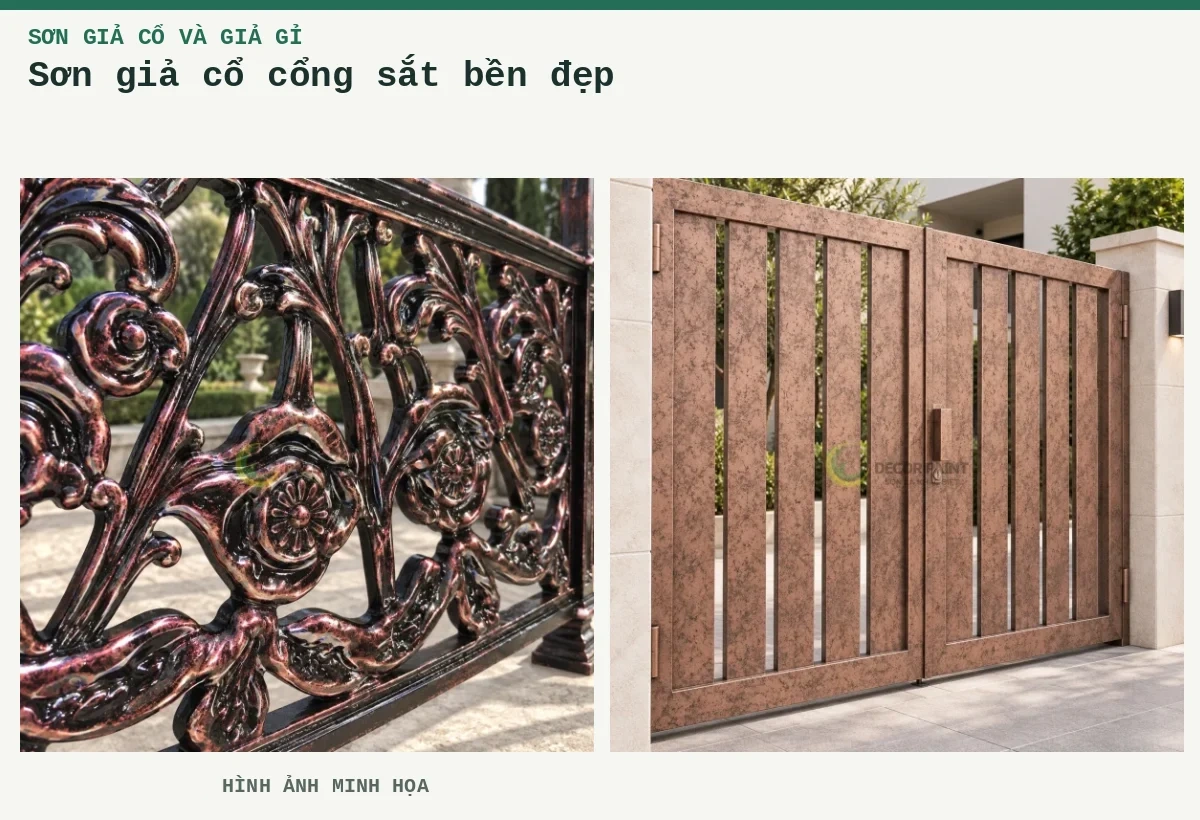 Sơn giả cổ cổng sắt bền đẹp – Hình ảnh minh họa: Khung sắt giả cổ; Cổng nan bản rộng.
