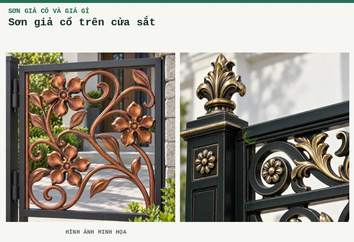 Sơn giả cổ trên cửa sắt – Hình ảnh minh họa: Tấm hoa sắt đồng đỏ giả cổ; Chóp trụ hàng rào.