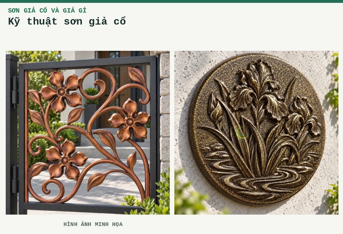 Kỹ thuật sơn giả cổ – Hình ảnh minh họa: Tấm hoa sắt đồng đỏ giả cổ; Phù điêu giả cổ đen ánh vàng.