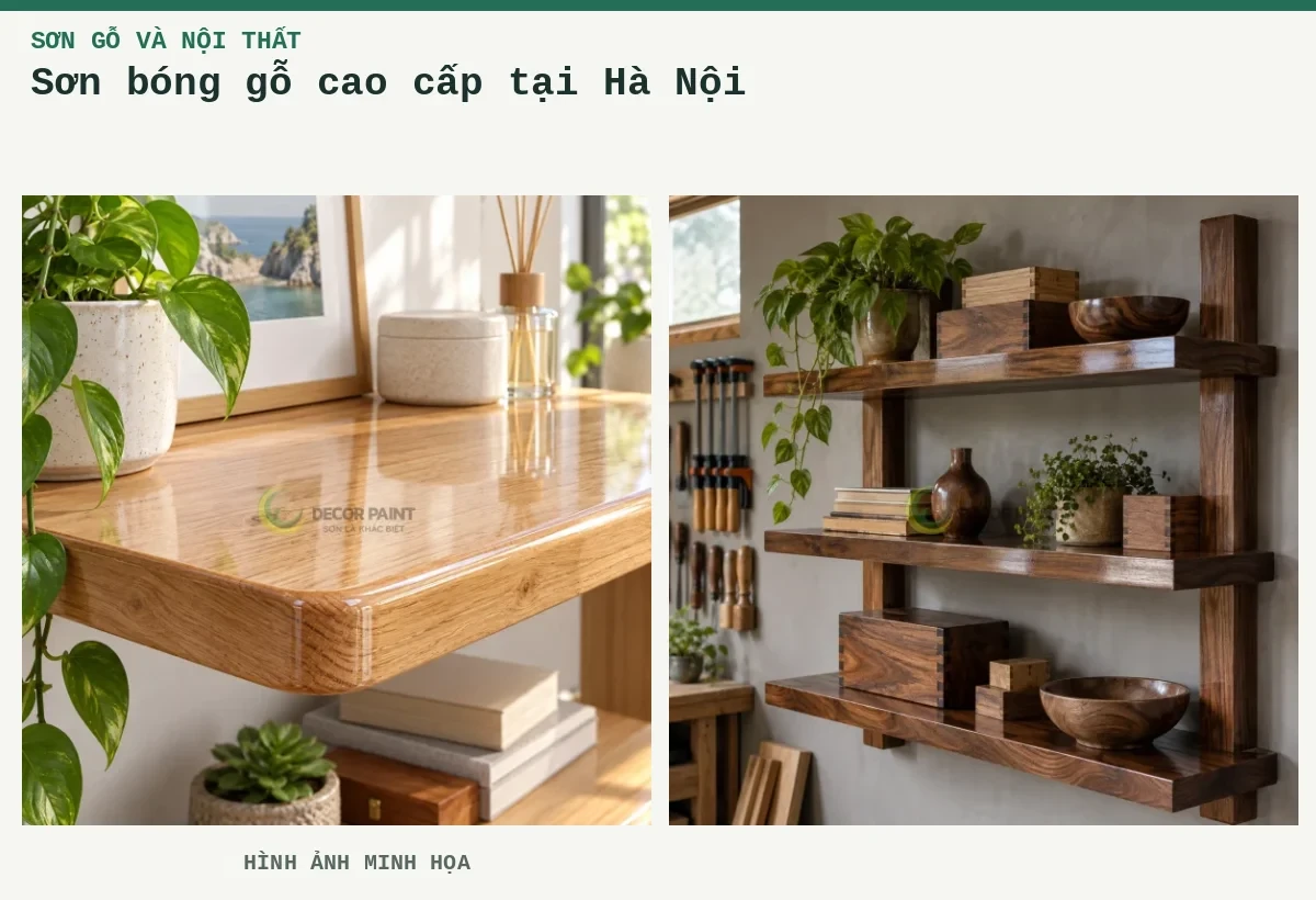 Sơn bóng gỗ cao cấp tại Hà Nội – Hình ảnh minh họa: Kệ gỗ phủ bóng trong; Kệ gỗ óc chó với lớp phủ bóng trong suốt trong không gian xưởng mộc.