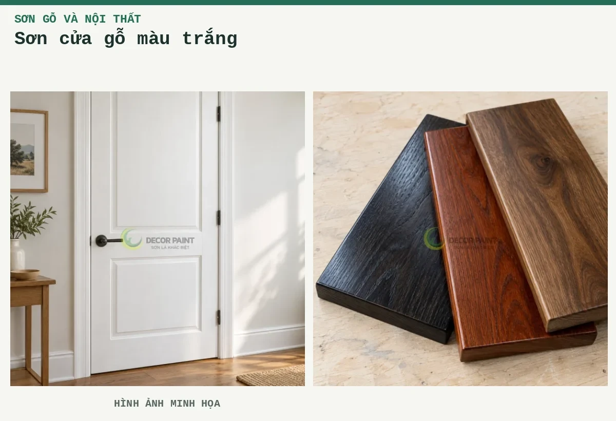 Sơn cửa gỗ màu trắng – Hình ảnh minh họa: Cửa gỗ sơn trắng; Mẫu nhuộm gỗ đen, nâu đỏ và nâu óc chó.