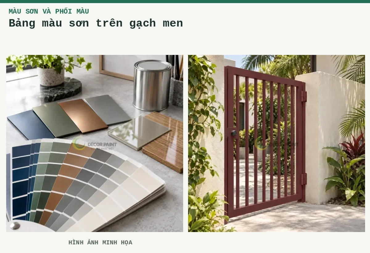Bảng màu sơn trên gạch men – Hình ảnh minh họa: Minh họa lựa chọn màu và hệ sơn theo mẫu kim loại, kính và gỗ; Cổng sắt song đứng phủ màu đỏ gạch, đặt giữa hai trụ tường tại lối vào.
