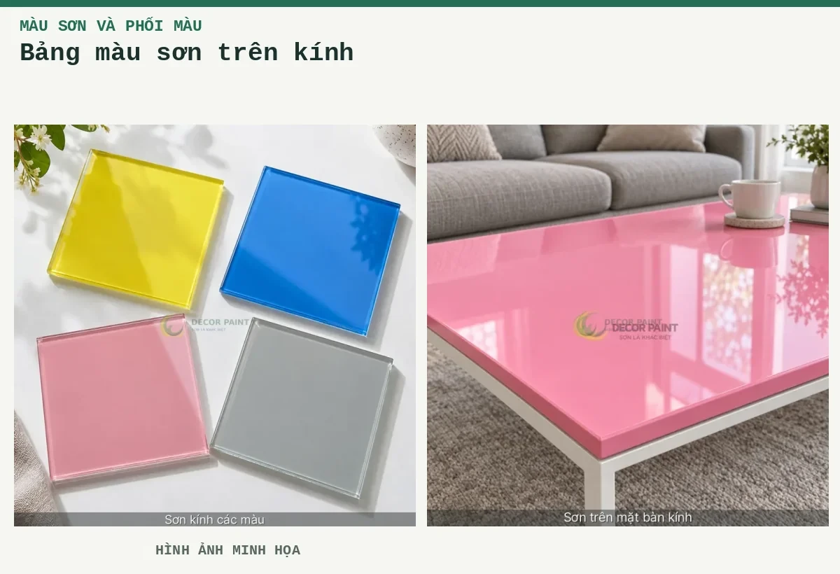 Bảng màu sơn trên kính – Hình ảnh minh họa: Các mẫu kính sơn vàng chanh, xanh dương, hồng và ghi nhạt; Mặt bàn kính màu hồng.