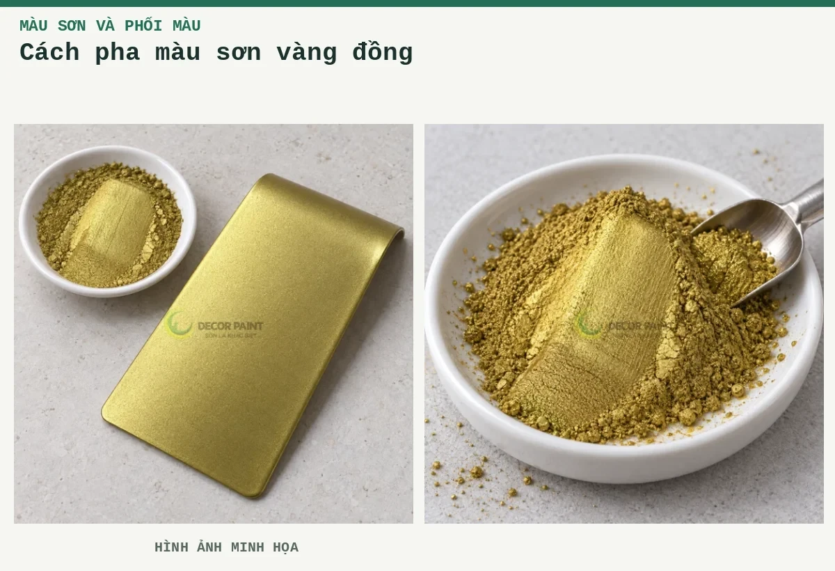 Cách pha màu sơn vàng đồng – Hình ảnh minh họa: Tấm mẫu sơn nhũ đồng vàng; Bột nhũ đồng vàng trong đĩa mẫu.